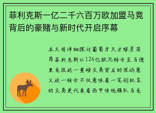 菲利克斯一亿二千六百万欧加盟马竞背后的豪赌与新时代开启序幕