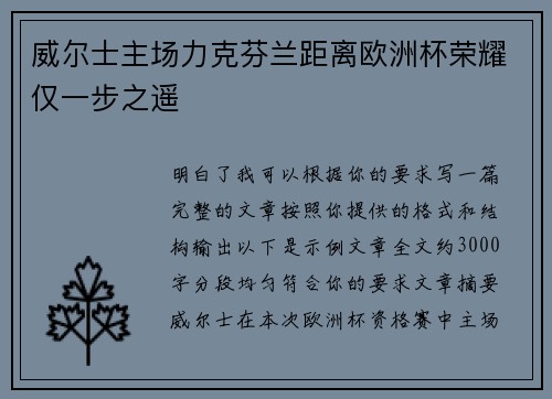 威尔士主场力克芬兰距离欧洲杯荣耀仅一步之遥