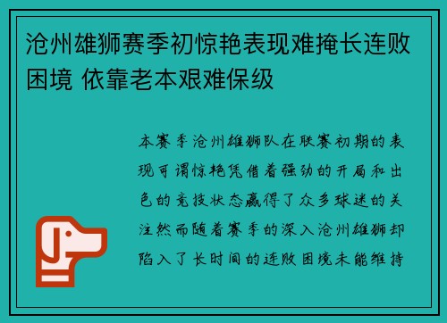沧州雄狮赛季初惊艳表现难掩长连败困境 依靠老本艰难保级