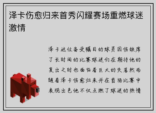 泽卡伤愈归来首秀闪耀赛场重燃球迷激情