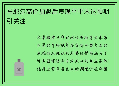 马耶尔高价加盟后表现平平未达预期引关注
